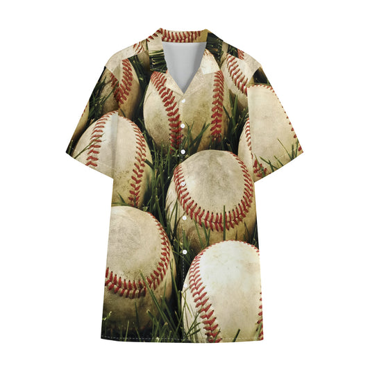 Baseballs On Field Print Cotton Hawaiian Shirt