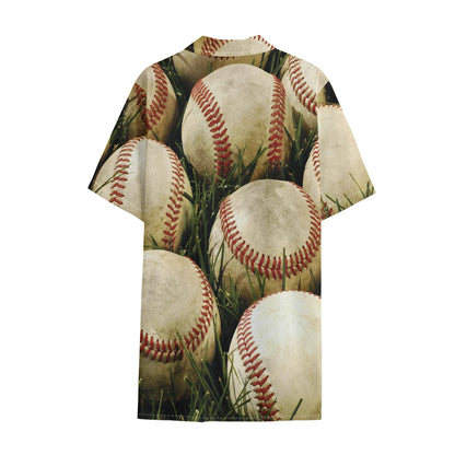 Baseballs On Field Print Cotton Hawaiian Shirt
