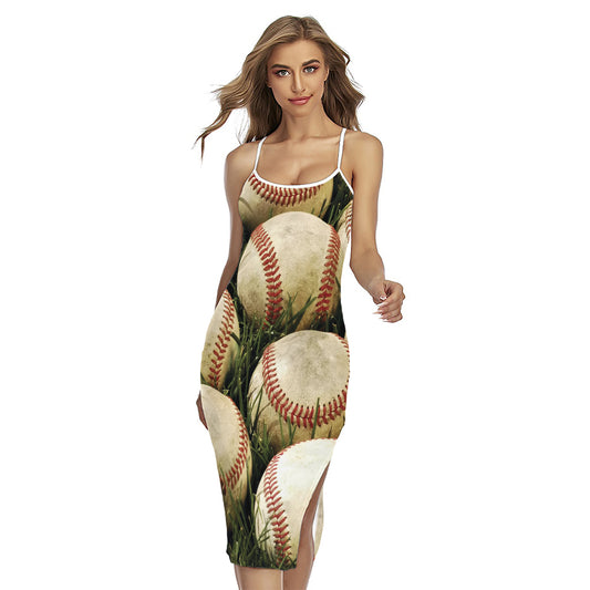 Baseballs On Field Print Cross Back Cami Dress