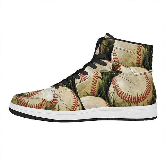 Baseballs On Field Print High Top Leather Sneakers