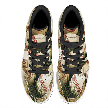 Baseballs On Field Print High Top Leather Sneakers