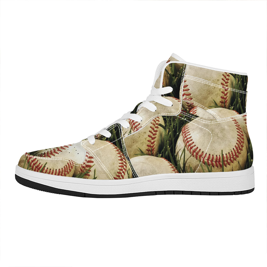 Baseballs On Field Print High Top Leather Sneakers