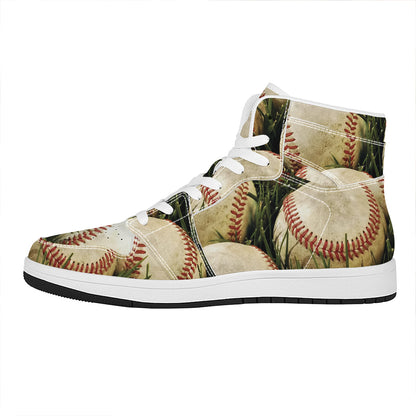 Baseballs On Field Print High Top Leather Sneakers