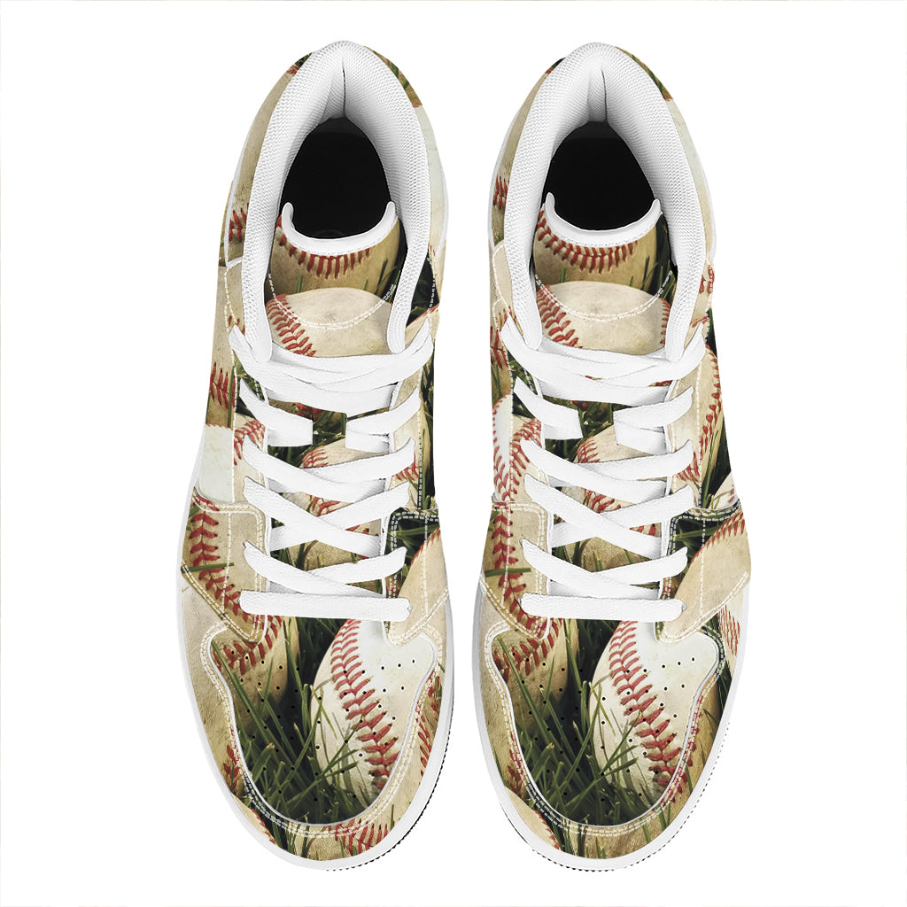Baseballs On Field Print High Top Leather Sneakers