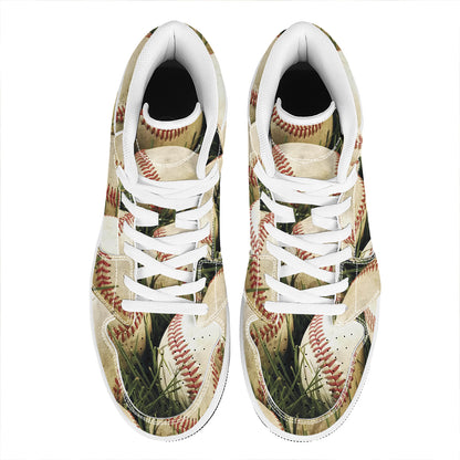 Baseballs On Field Print High Top Leather Sneakers