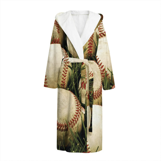 Baseballs On Field Print Hooded Bathrobe