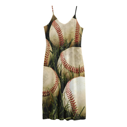 Baseballs On Field Print Jersey Midi Cami Dress
