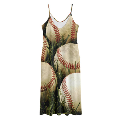 Baseballs On Field Print Jersey Midi Cami Dress