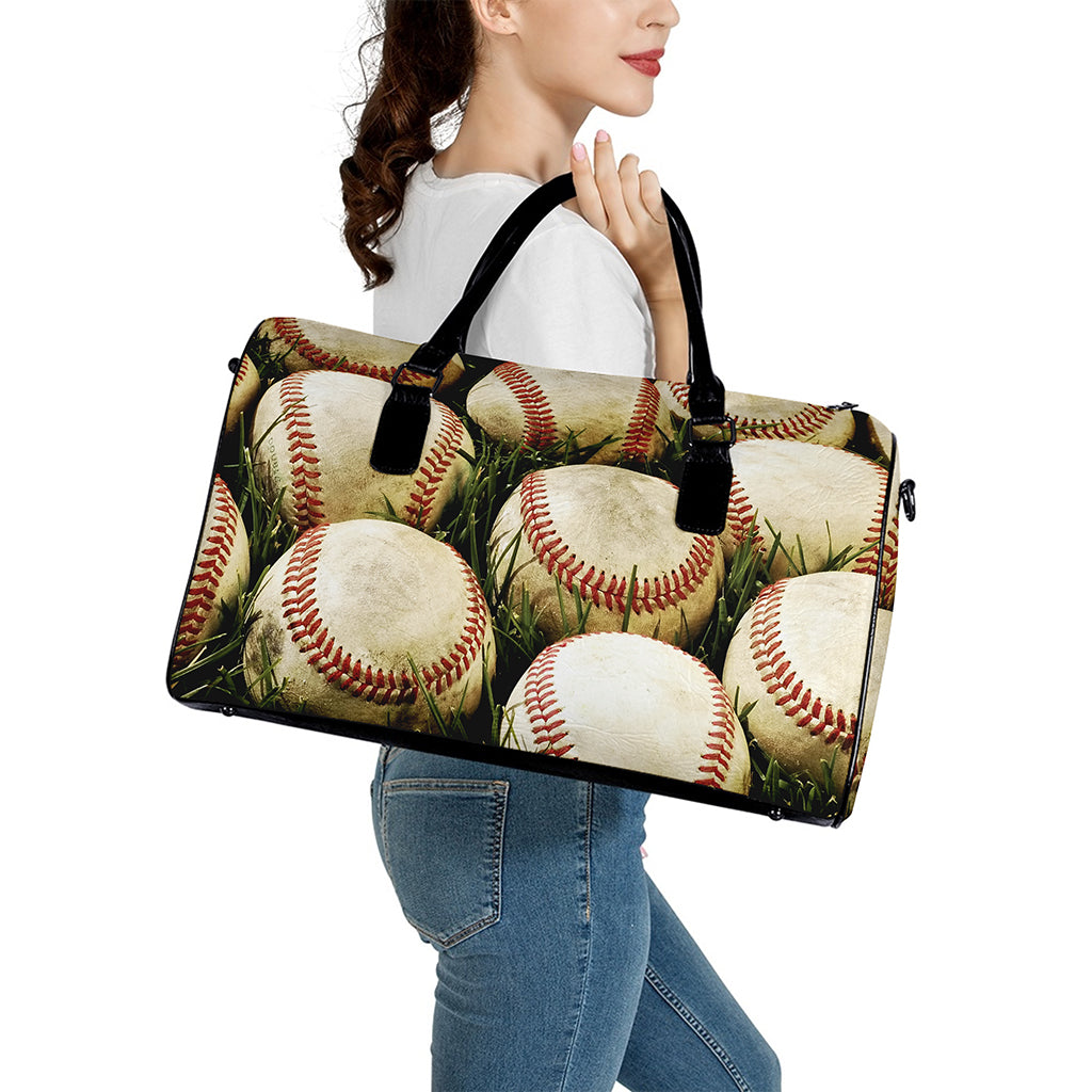 Baseballs On Field Print Leather Duffle Bag