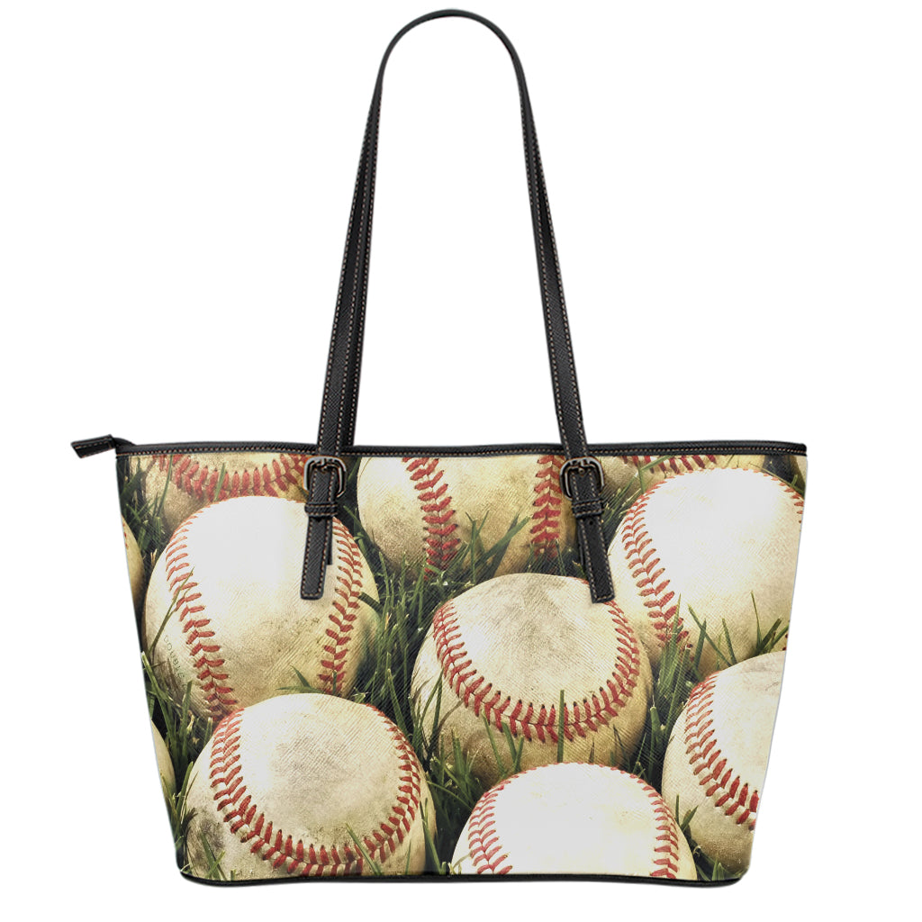 Baseballs On Field Print Leather Tote Bag