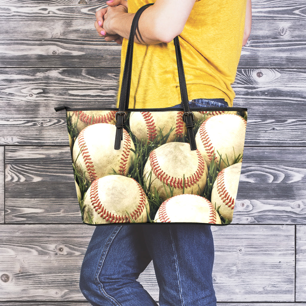 Baseballs On Field Print Leather Tote Bag