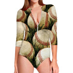 Baseballs On Field Print Long Sleeve Swimsuit