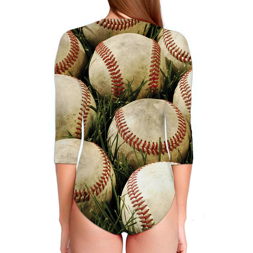 Baseballs On Field Print Long Sleeve Swimsuit