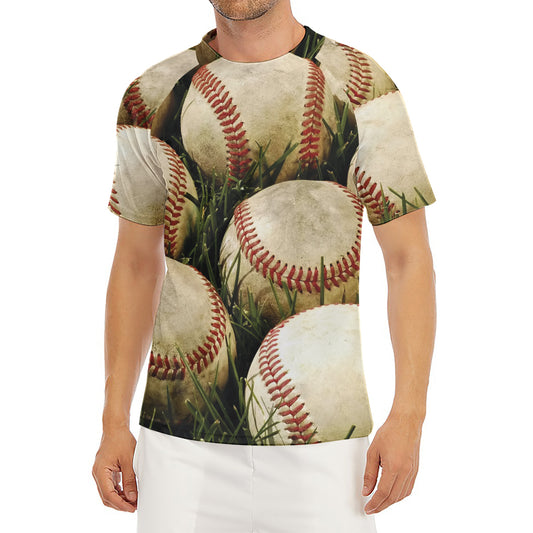 Baseballs On Field Print Men's Short Sleeve Rash Guard