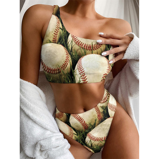 Baseballs On Field Print One Shoulder Bikini Top
