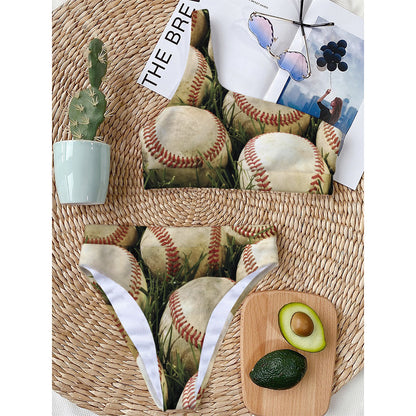 Baseballs On Field Print One Shoulder Bikini Top