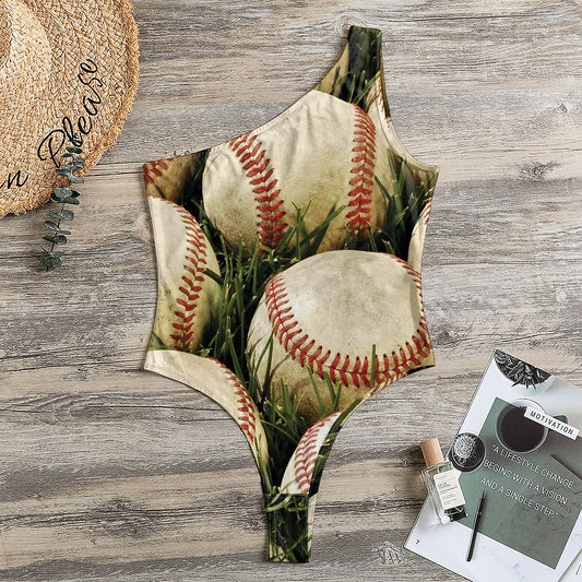 Baseballs On Field Print One Shoulder Bodysuit
