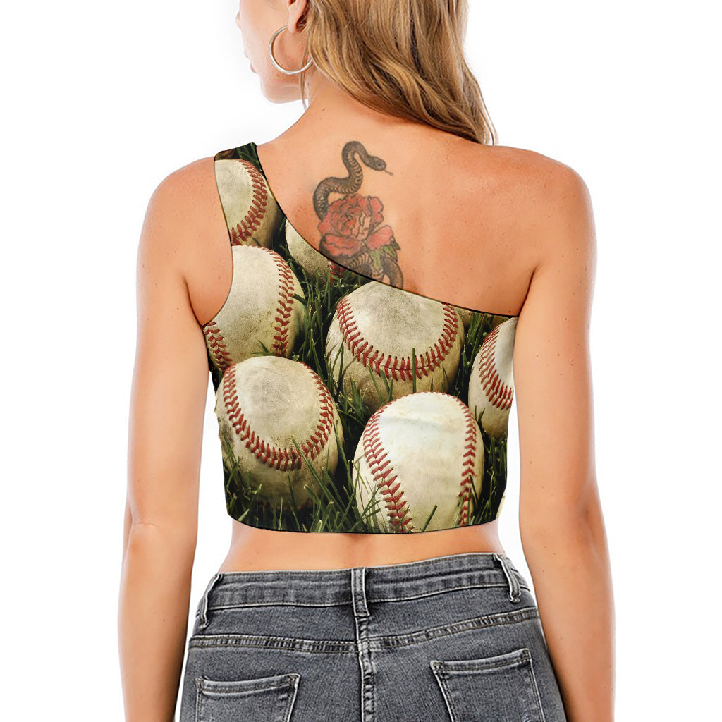 Baseballs On Field Print One Shoulder Crop Top