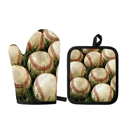 Baseballs On Field Print Oven Mitt And Pot Holder Set