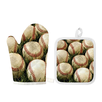 Baseballs On Field Print Oven Mitt And Pot Holder Set