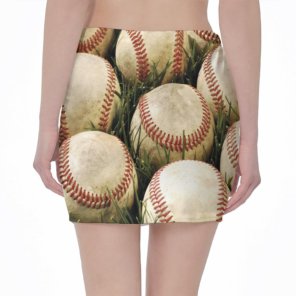 Baseballs On Field Print Pencil Mini Skirt