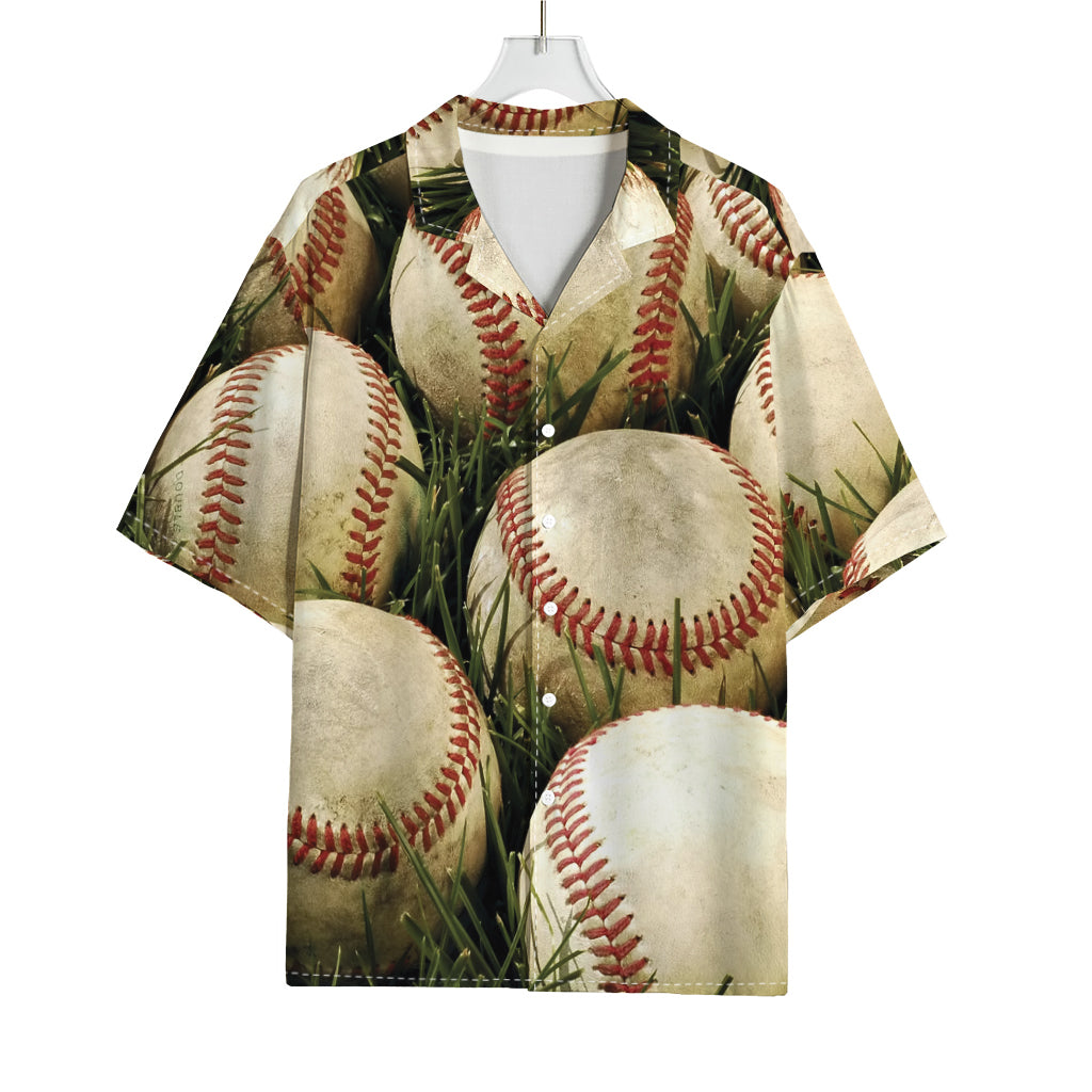 Baseballs On Field Print Rayon Hawaiian Shirt