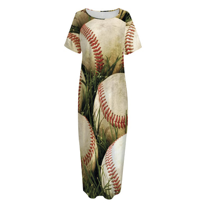 Baseballs On Field Print Short Sleeve Long Nightdress