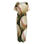 Baseballs On Field Print Short Sleeve Long Nightdress