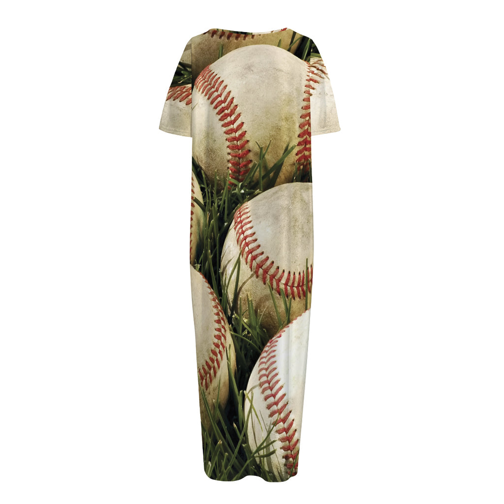 Baseballs On Field Print Short Sleeve Long Nightdress
