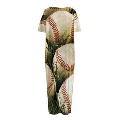 Baseballs On Field Print Short Sleeve Long Nightdress