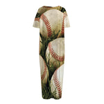 Baseballs On Field Print Short Sleeve Long Nightdress