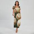 Baseballs On Field Print Short Sleeve Maxi Dress