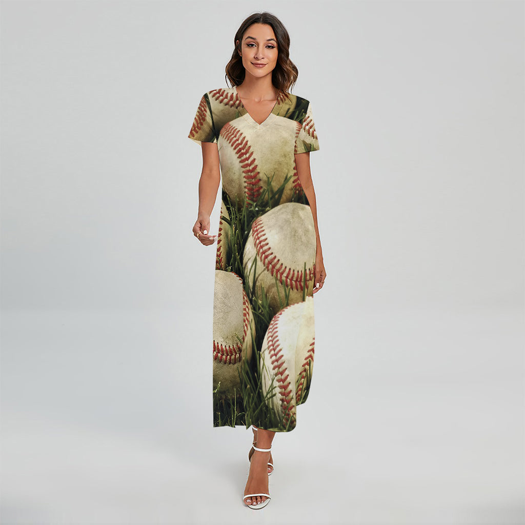 Baseballs On Field Print Short Sleeve Maxi Dress