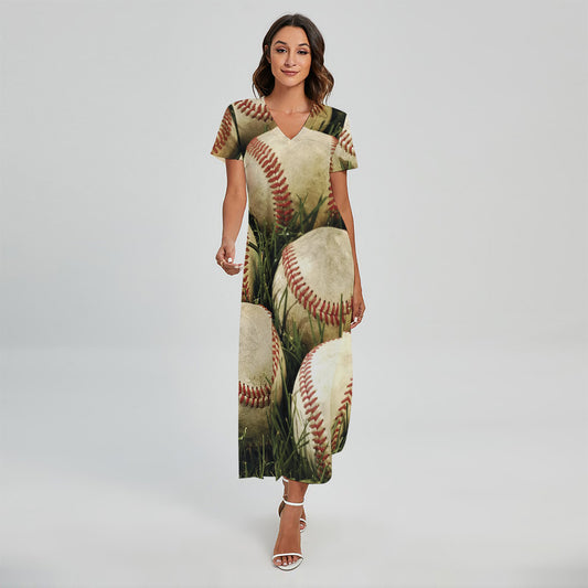 Baseballs On Field Print Short Sleeve Maxi Dress