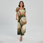 Baseballs On Field Print Short Sleeve Maxi Dress