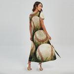 Baseballs On Field Print Short Sleeve Maxi Dress