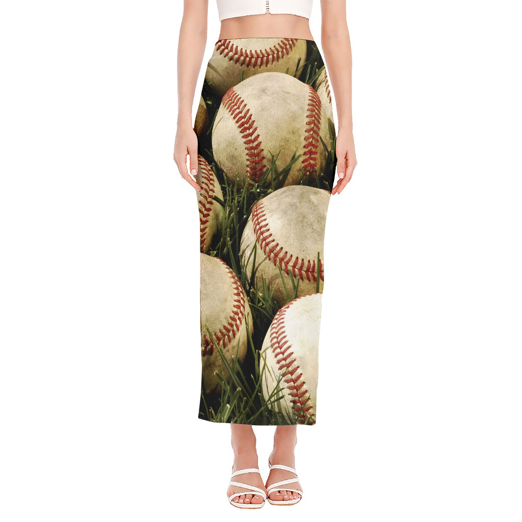 Baseballs On Field Print Side Slit Maxi Skirt
