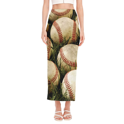 Baseballs On Field Print Side Slit Maxi Skirt