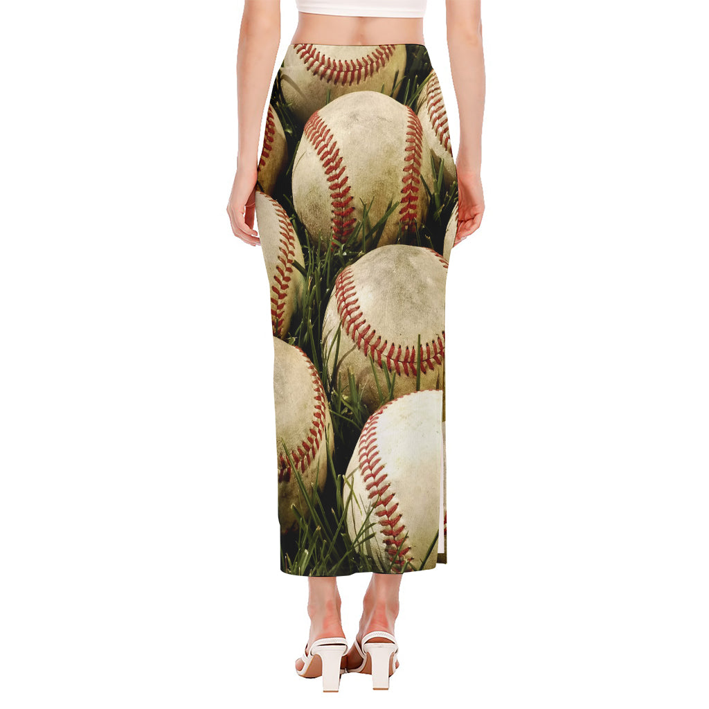 Baseballs On Field Print Side Slit Maxi Skirt
