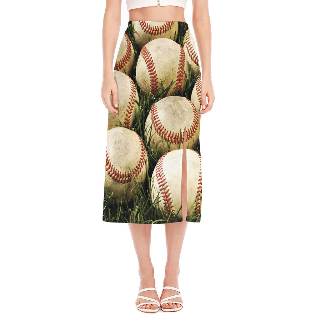 Baseballs On Field Print Side Slit Midi Skirt