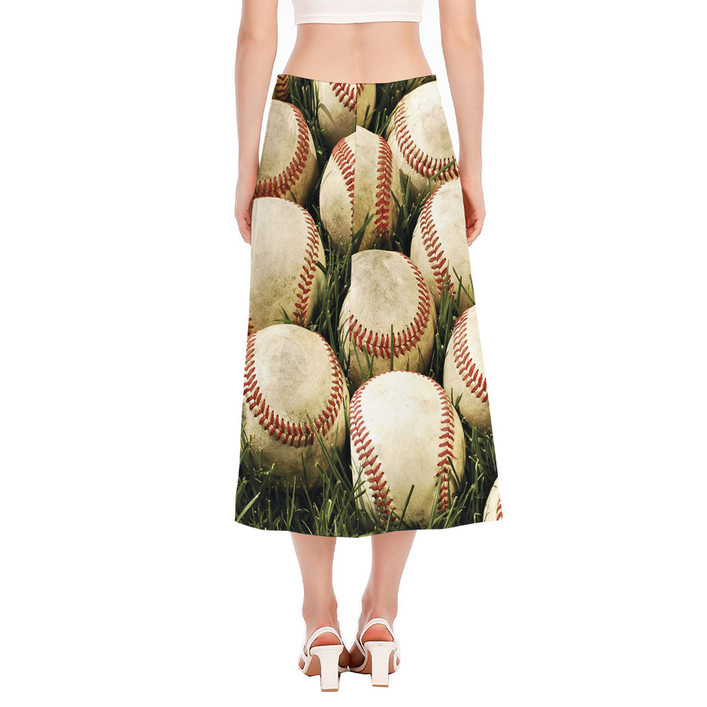 Baseballs On Field Print Side Slit Midi Skirt