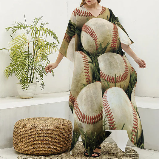 Baseballs On Field Print Silk V-Neck Kaftan Dress