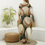 Baseballs On Field Print Silk V-Neck Kaftan Dress