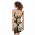 Baseballs On Field Print Sleeveless Bodycon Dress