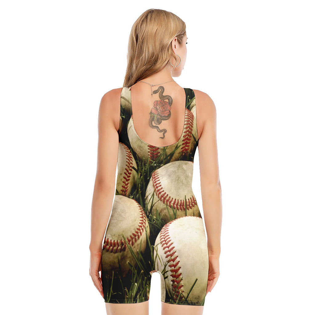 Baseballs On Field Print Sleeveless One Piece Swimsuit