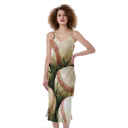 Baseballs On Field Print Slim Fit Midi Cami Dress
