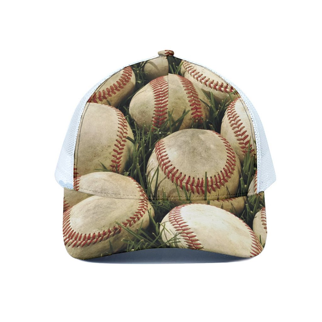 Baseballs On Field Print White Mesh Trucker Cap