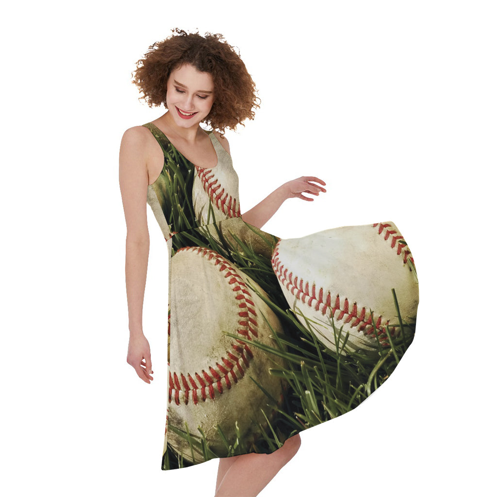 Baseballs On Field Print Women's Sleeveless Dress