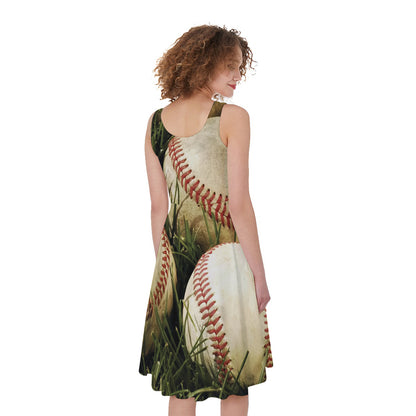 Baseballs On Field Print Women's Sleeveless Dress