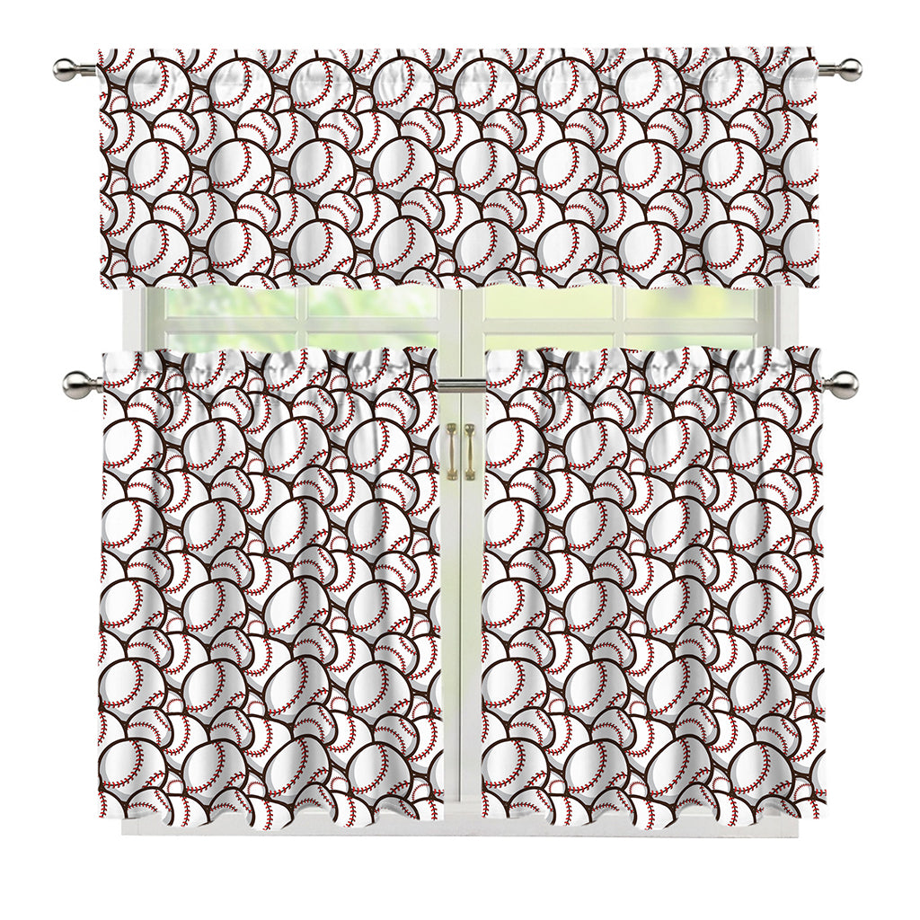 Baseballs Pattern Print 3 Piece Kitchen Curtains